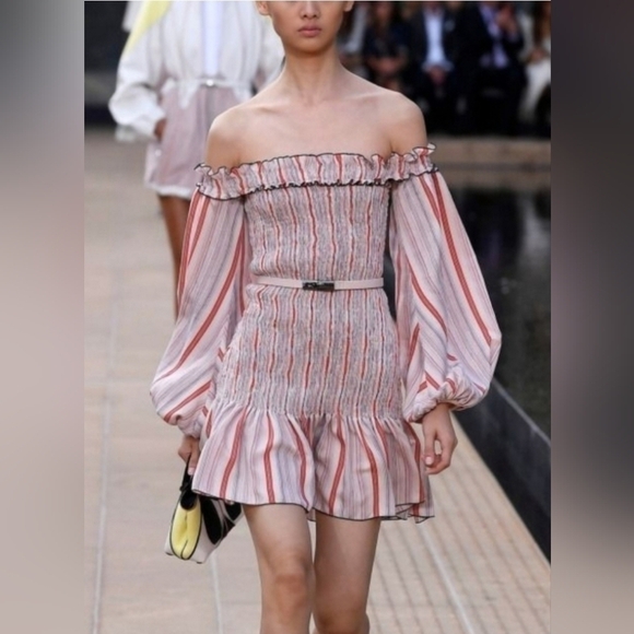 LONGCHAMP Off The Shoulder Striped Smocked Mini Dress - Picture 1 of 8